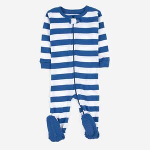 LEVERET -  Footed Cotton Pajamas Striped Blue and Whi Blue and White